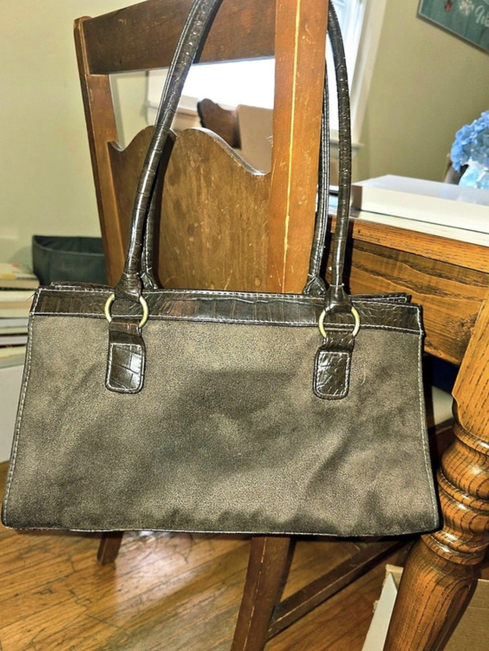 Brown Suede and Croc-Embossed Shoulder Bag